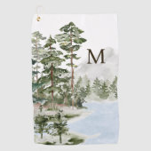 Serviette De Golf Forêt de pin vert monogramme et lac (Devant)