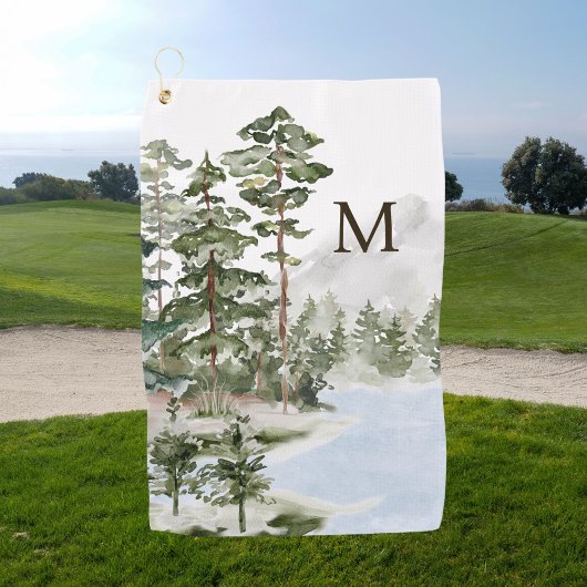 Serviette De Golf Forêt de pin vert monogramme et lac