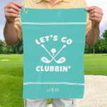 Serviette De Golf Funny Golf Club Humour Modern Golfer Sports Turquo<br><div class="desc">Le design amusant du club de golf comprend "Let's Go Clubbin" dans le centre de type blanc aménagé avec deux clubs de golf et une balle de golf le tout sur un arrière - plan turquoise clair solide. Il y a deux petites rayures blanches au-dessus et en-dessous du design central....</div>