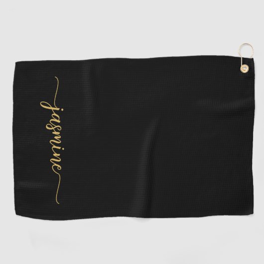 Serviette De Golf Girl Simple Black Gold Monogramme Nom Script (Horizontal)