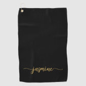 Serviette De Golf Girl Simple Black Gold Monogramme Nom Script (Devant)