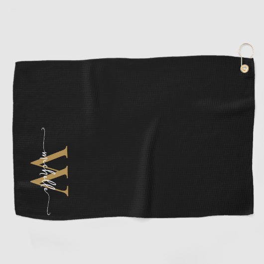 Serviette De Golf Girly Black Gold Elegant Monogramme Nom Script Gol (Horizontal)