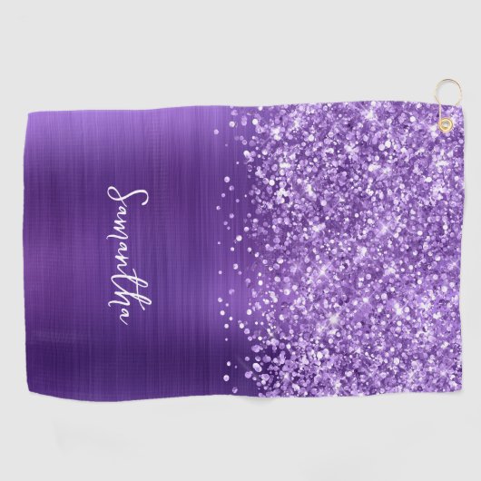 Serviette De Golf Glittery Amethyst Purple Glam Nom du script (Horizontal)