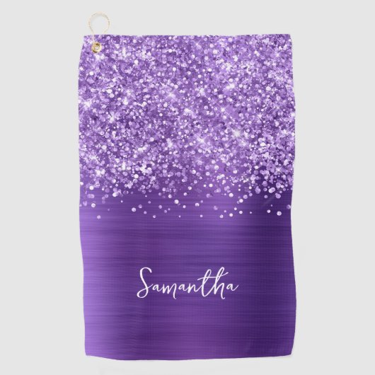 Serviette De Golf Glittery Amethyst Purple Glam Nom du script (Devant)