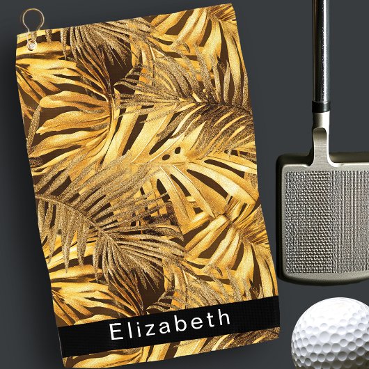 Serviette De Golf Gold Tropical Leaves Personalized