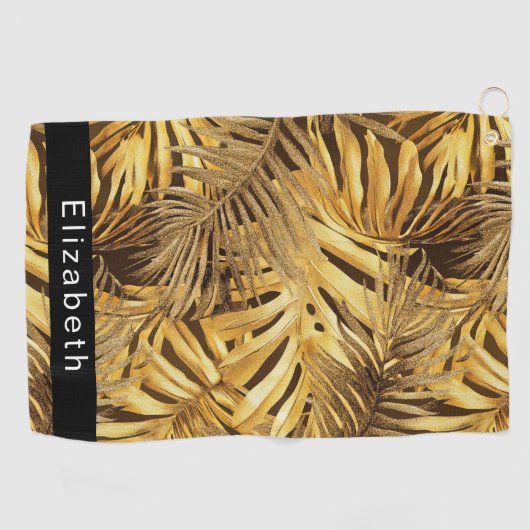Serviette De Golf Gold Tropical Leaves Personalized (Horizontal)