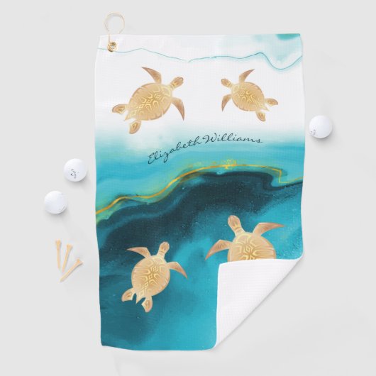 Serviette De Golf Gold Turtle Turquoise Encre Monogram Beach (En situation)