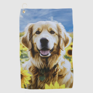 Serviette De Golf Golden Retriever dans un champ de tournesol