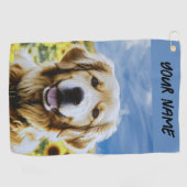 Serviette De Golf Golden Retriever dans un champ de tournesol (Horizontal)