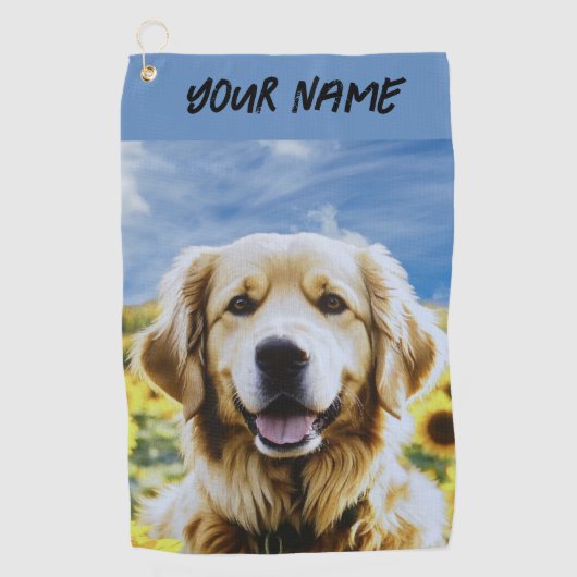 Serviette De Golf Golden Retriever dans un champ de tournesol (Devant)