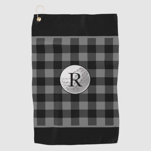 Serviette De Golf Golf ball monogrammed grey buffalo plaid custom (Devant)