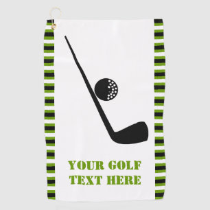 Serviette De Golf Golf club et boule noir, vert, rayures blanches