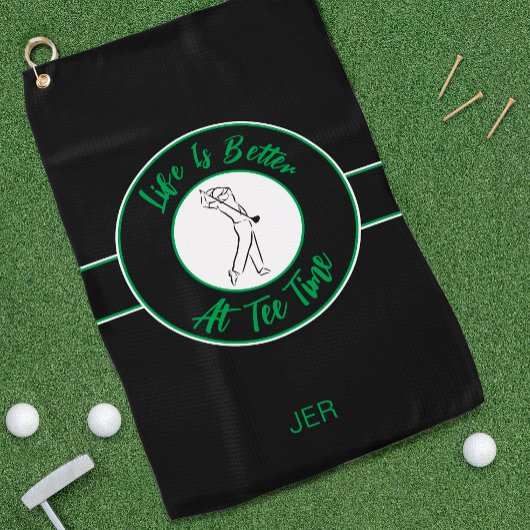 Serviette De Golf Golfer Humour Tee Time Sport Monogramme Noir & Ver