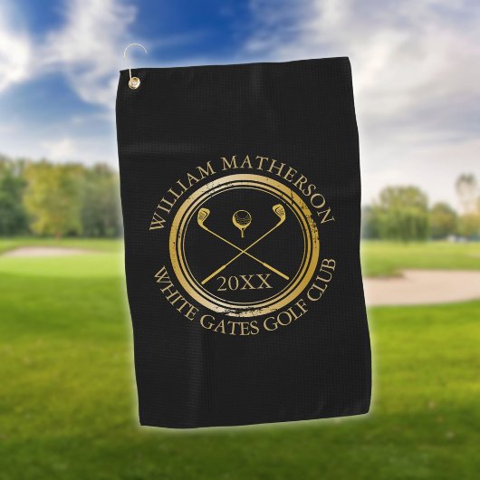 Serviette De Golf Golfeur noir et or et nom du club Date