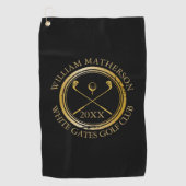 Serviette De Golf Golfeur noir et or et nom du club Date (Devant)
