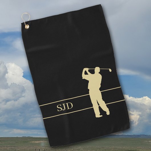 Serviette De Golf Golfeur Or Monogramme sur Fond Noir