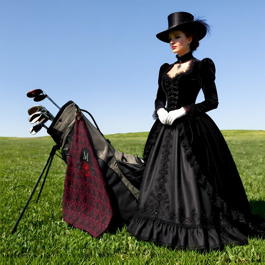 Serviette De Golf Gothic Red Damask Rose Monogram