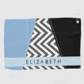 Serviette De Golf Grey Zigzag, Grey Chevron, Bleu, Votre Nom (Horizontal)
