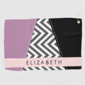Serviette De Golf Grey Zigzag, Grey Chevron, Purple, Votre Nom (Horizontal)