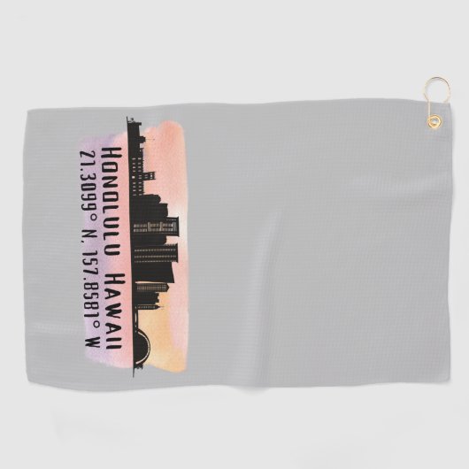 Serviette De Golf Honolulu Skyline Latitude et Longitude (Horizontal)