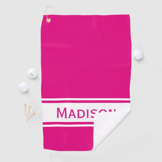 Serviette De Golf Hot Rose White Stripe Nom moderne Monogramme (En situation)