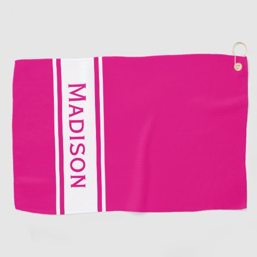 Serviette De Golf Hot Rose White Stripe Nom moderne Monogramme (Horizontal)