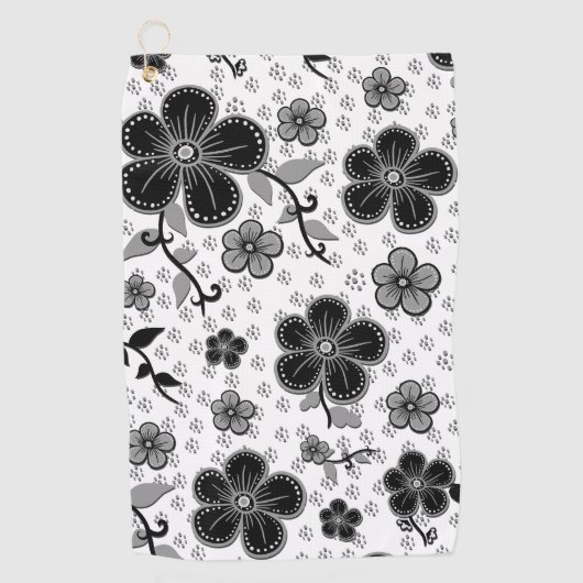 Serviette De Golf Impression florale noir et blanc (Devant)
