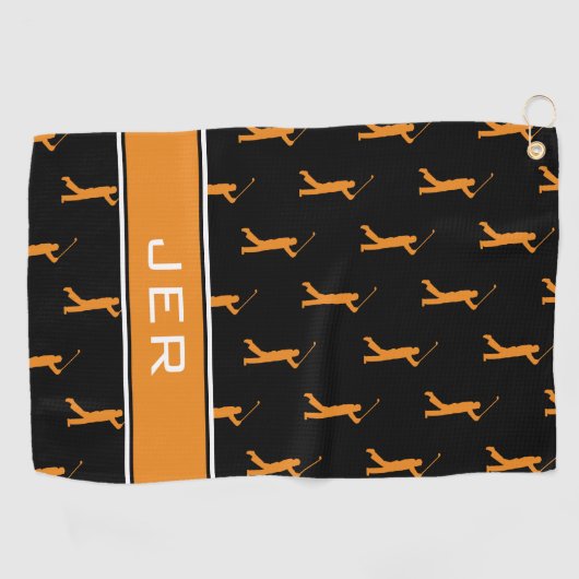 Serviette De Golf Initiales customisées Golfer Black Motif Orange (Horizontal)