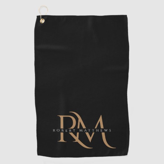 Serviette De Golf Initiales modernes Noir et Or Élégant Monogramme (Devant)