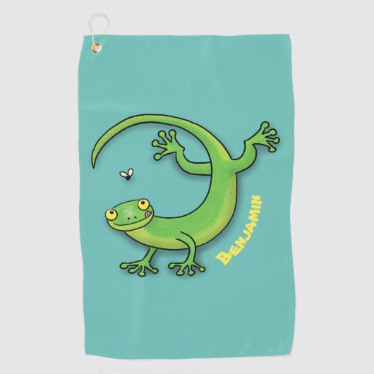 Serviette De Golf Joli gecko vert salutations avec dessin animé (Devant)
