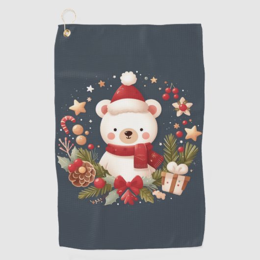 Serviette De Golf Joli ours de Noël/d'hiver en couronne (Devant)