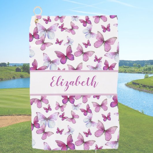 Serviette De Golf Joli papillon rose avec nom personnalisé dames