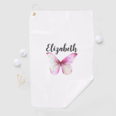 Serviette De Golf Joli papillon rose avec nom personnalisé dames (En situation)
