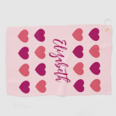 Serviette De Golf Jolis Tons de Coeurs Roses Script Noms Cursifs (Horizontal)