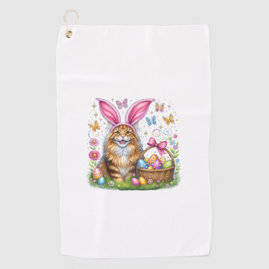 Serviette De Golf Joyeuses Pâques Lapin Mignon Chat Maine Coon Œufs  (Devant)