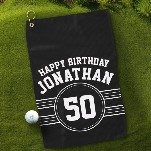 Serviette De Golf Joyeux Anniversaire Sports avec Age Blanc Noir