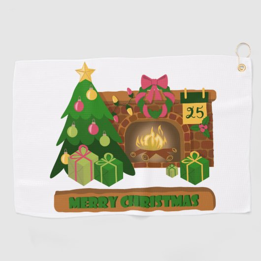 Serviette De Golf Joyeux Noël près de la cheminée bonfire xmas arbre (Horizontal)