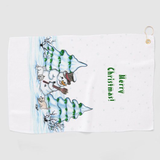 Serviette De Golf Joyeux Noël ! Snowman avec chat et chiot (Horizontal)