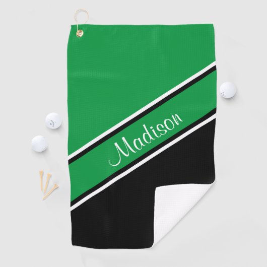 Serviette De Golf Kelly Green Black Diagonal Stripe Nom du script (En situation)