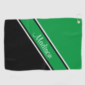 Serviette De Golf Kelly Green Black Diagonal Stripe Nom du script (Horizontal)