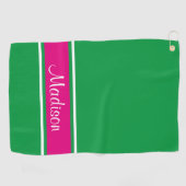 Serviette De Golf Kelly Green Pink Stripe Nom du script (Horizontal)