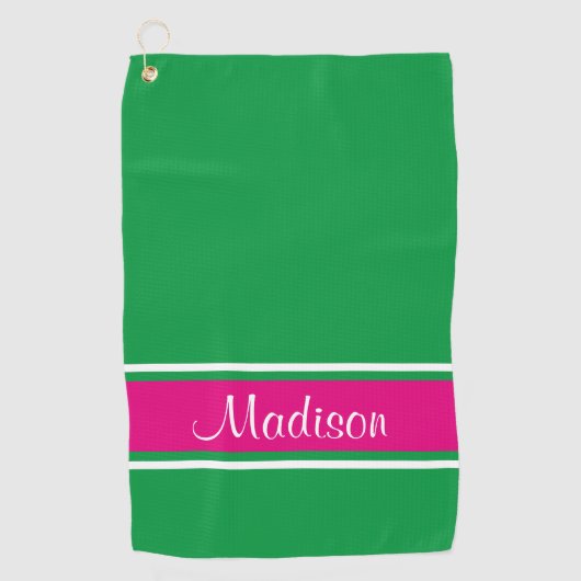 Serviette De Golf Kelly Green Pink Stripe Nom du script (Devant)