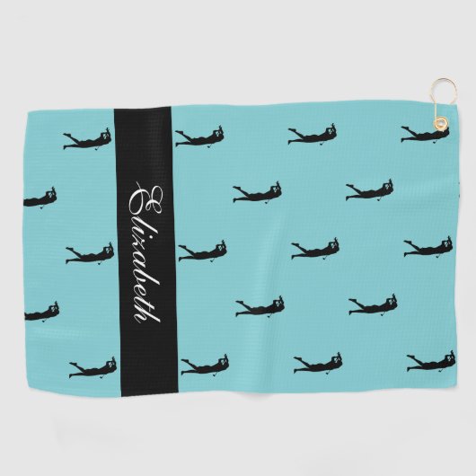Serviette De Golf Lady Golfer Nom Customisé Motif Turquoise Noir (Horizontal)