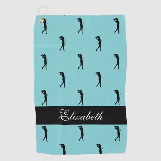 Serviette De Golf Lady Golfer Nom Customisé Motif Turquoise Noir (Devant)