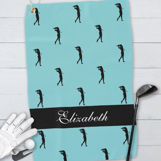 Serviette De Golf Lady Golfer Nom Customisé Motif Turquoise Noir