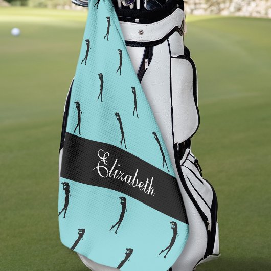 Serviette De Golf Lady Golfer Nom Customisé Motif Turquoise Noir