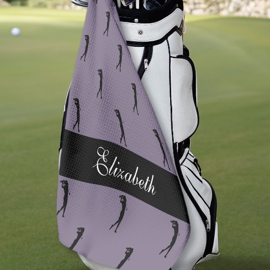 Serviette De Golf Lady Golfer Nom Customisé Motif violet noir