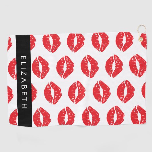 Serviette De Golf Lèvres Rouges, Rouge, Motif Des Lèvres, Votre Nom (Horizontal)