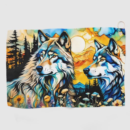 Serviette De Golf Loups gris et Fleurs sauvages (Horizontal)