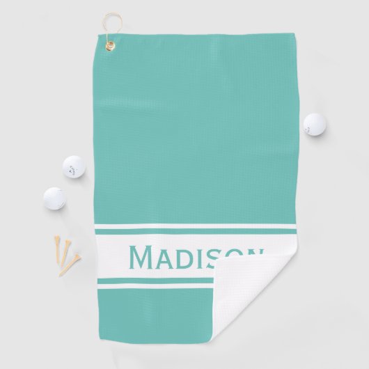 Serviette De Golf Lumière Turquoise Bande Blanche Nom moderne Monogr (En situation)